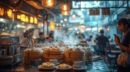 A busy dim sum restaurant in Hong Kong, with tables full of steaming bamboo baskets and people enjoying a meal together.