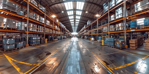 Fototapeta premium Expansive warehouse interior with high shelves and industrial shelving units filled with various goods and materials for storage and distribution