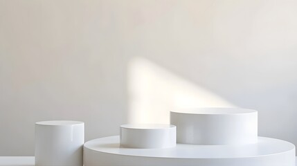 White Minimalist Round Podium, Sunlight Reflection, Tranquil Atmosphere, Product Display Presentation