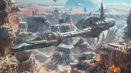 Fototapeta premium A futuristic city with spaceships flying over canyon-like buildings.