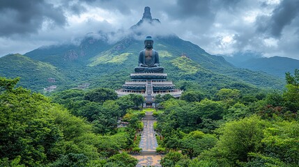 The historic Tian Tan Buddha on Lantau Island, framed by lush green mountains and a cloudy sky.