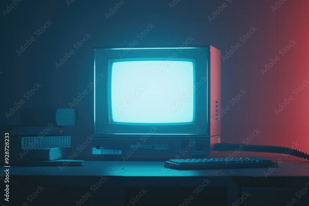 Poster a computer monitor sitting on a desk, ready for use