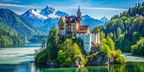 Fototapeta premium A Fairytale Castle Amidst Majestic Mountains, Digital Painting, Fantasy Castle, Alpine Lake, Lake Landscape, Castle Reflection, Mountain View