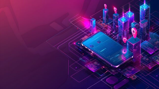Smartphone Digital Cityscape with Location Pins for Mobile App or Digital Marketing
