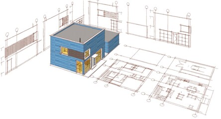 house architectural project sketch 3d illustration	