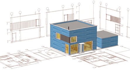 house architectural project sketch 3d illustration	