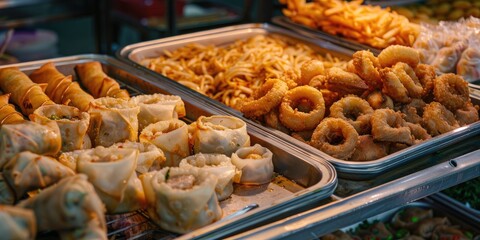Assorted textures and flavors of fried dumplings spring rolls and onion rings displayed in metal trays at a food market exemplifying the diverse and delicious street cuisine of Asia