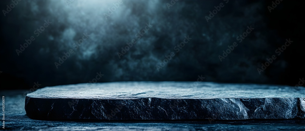 Poster artistic shot of a black stone platform, with soft, directional lighting against a deep, dark backgr