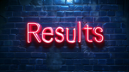 Fototapeta premium Vibrant red neon sign with results on a brick wall in the city at night, symbolizing success and motivation in business. Illuminated and inspiring for progress