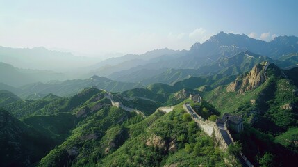 Naklejka premium Create a photo of the Great Wall of China, highlighting its extensive length, historical significance, and breathtaking mountainous surroundings.