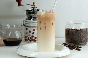 Iced Coffee Latte in a Tall Glass with Milk