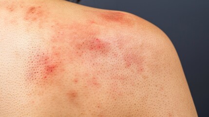 Fototapeta premium Close-Up of Skin Texture Exhibiting Severe Urticaria or Hives on the Back, Highlighting Allergy Symptoms and Skin Condition with Visible Inflammation and Rash