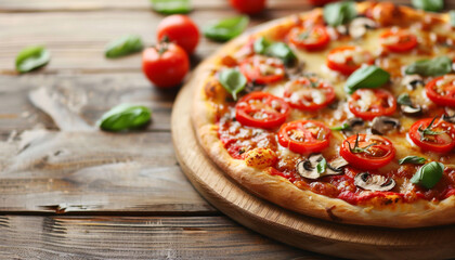 Fresh pizza with tomatoes cheese and mushrooms