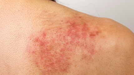 Naklejka premium Close-Up of Skin Texture Exhibiting Severe Urticaria or Hives on the Back, Highlighting Allergy Symptoms and Skin Condition with Visible Inflammation and Rash