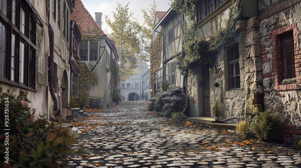 Poster Create an AI image of a historic cobblestone road in an old European town, with quaint buildings and a nostalgic feel.