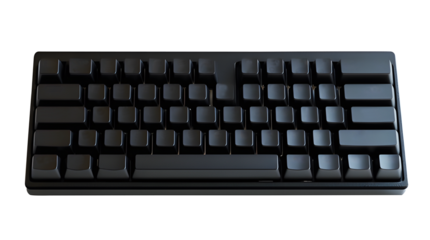 Black keyboard isolated on cut out PNG or transparent background. Rectangle with buttons inside that contain letters, numbers, or symbols. Device data from user into computer or electronic device.