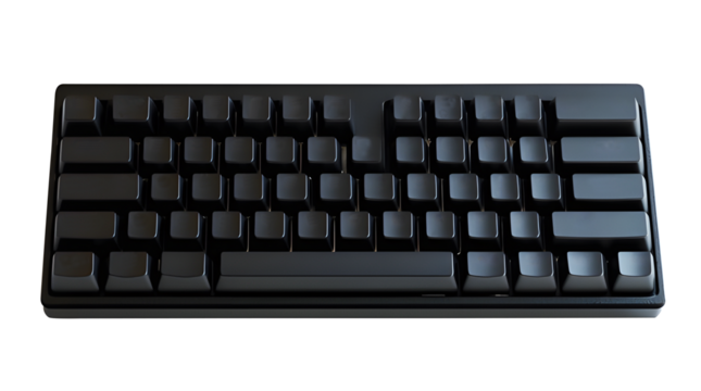 Black keyboard isolated on cut out PNG or transparent background. Rectangle with buttons inside that contain letters, numbers, or symbols. Device data from user into computer or electronic device.