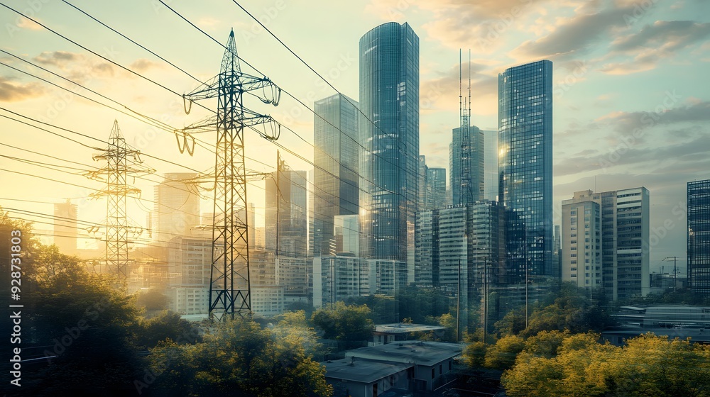 Aufkleber a city skyline with a power line running through it. the sky is cloudy and the sun is setting