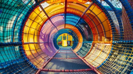 Playground entrance to the labyrinth with colorful tunnel and bridges, slides, children's room in play Entertainment center. Floor net steps to trampoline. Banner active leisure, free time kids photo