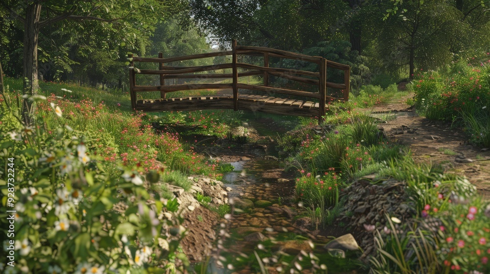Poster create an ai image of a rural road with a wooden bridge crossing a small stream, surrounded by lush 