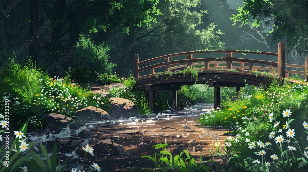 Poster create an ai image of a rural road with a wooden bridge crossing a small stream, surrounded by lush 