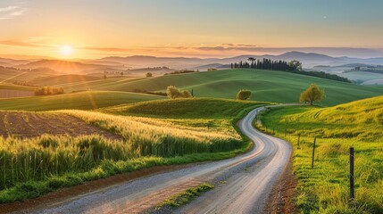 Naklejka premium Create an AI image of a serene countryside road at dawn, with soft light illuminating rolling hills and farmland.