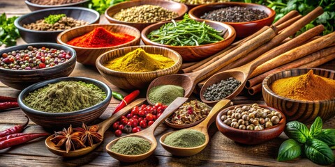Fototapeta premium Aromatic Spices and Herbs in Wooden Bowls and Spoons, Spices , Herbs, Cooking , Flavoring