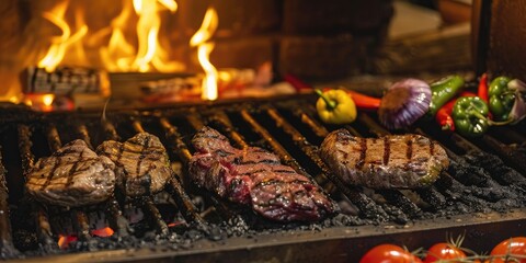 Meat pepper and eggplant grilling on a traditional Uruguayan parrilla with firewood and flames in a restaurant kitchen