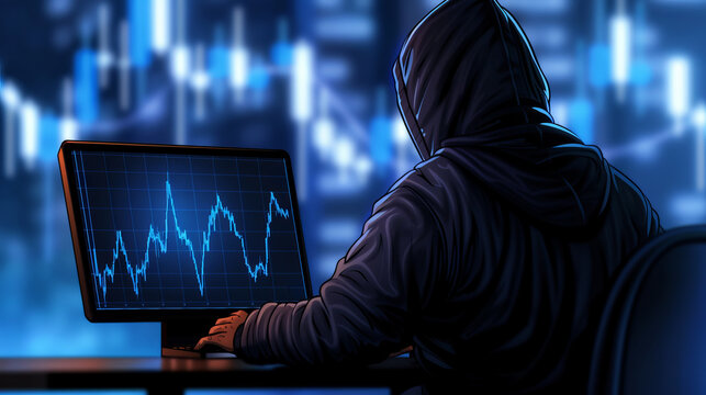 A hacker studies stock charts on a computer for market insights