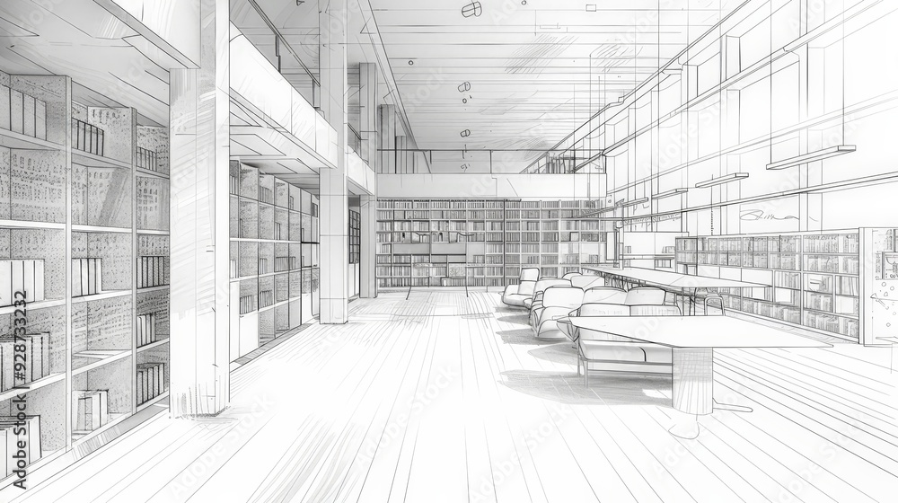 Poster create an architectural sketch of a modern library, focusing on its open spaces, reading areas, and 