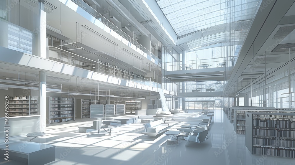Poster create an architectural sketch of a modern library, focusing on its open spaces, reading areas, and 