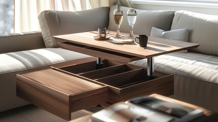 Create an image of a compact, multi-functional table with hidden storage compartments, ideal for small living spaces.