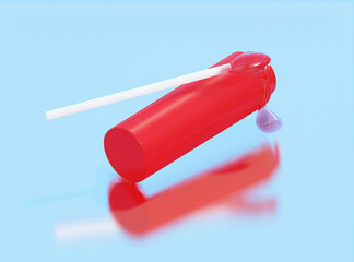 Lip gloss drops, red gloss on mirror background in 3d illustration