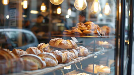 Bakery window display featuring freshly baked pastries in a cozy urban setting