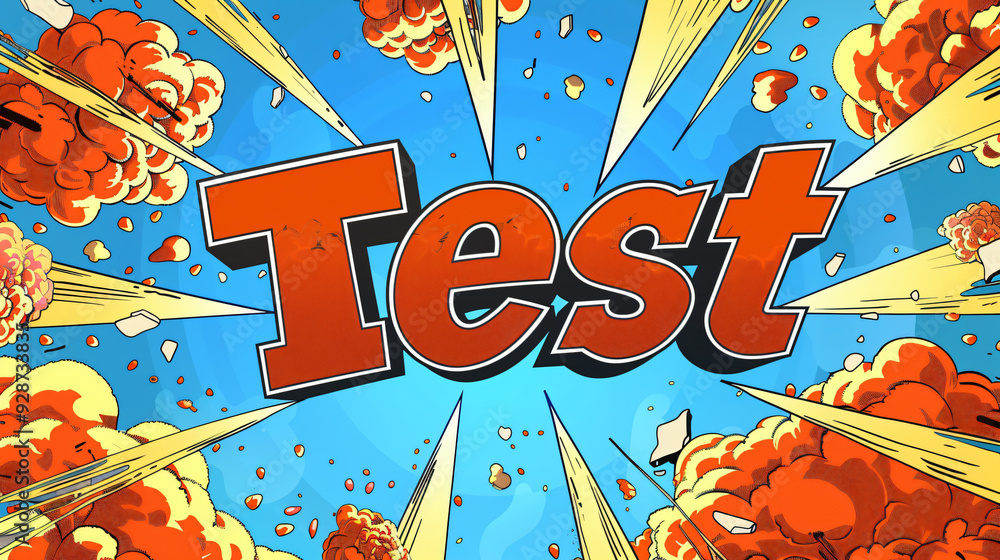 Aufkleber comic book style explosion with the word test surrounded by multiple blasts and a blue background