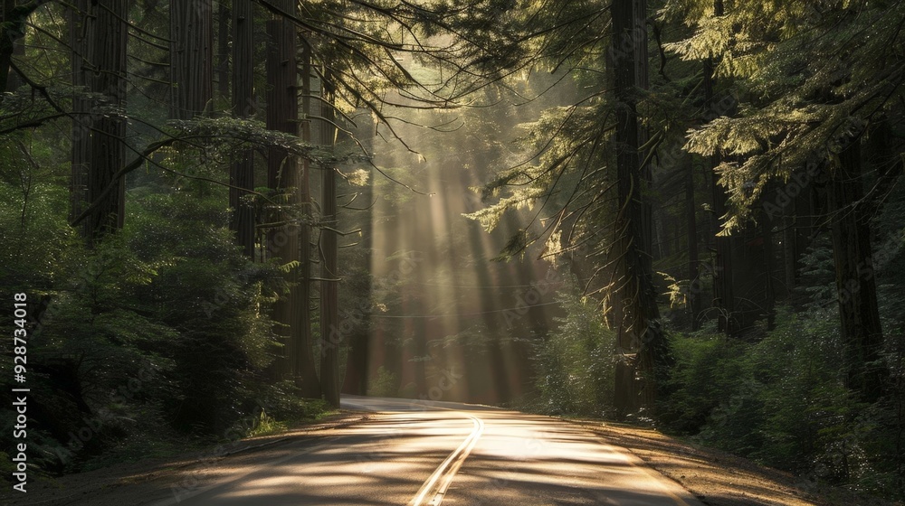 Poster create an image of a road through a dense forest with sunlight filtering through the trees, emphasiz