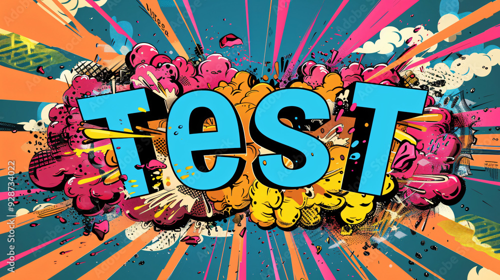 Poster retro comic book style image exploding with energy, excitement and the word test