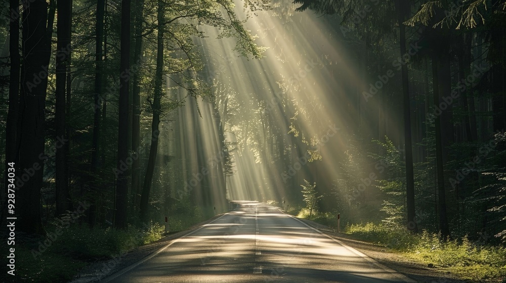 Poster create an image of a road through a dense forest with sunlight filtering through the trees, emphasiz