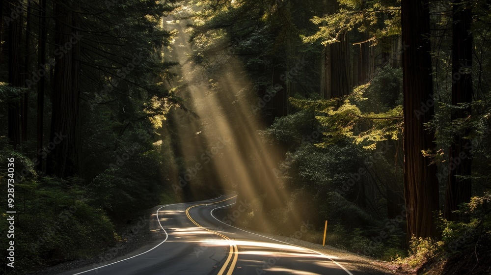 Poster Create an image of a road through a dense forest with sunlight filtering through the trees, emphasizing the peacefulness and beauty of nature.