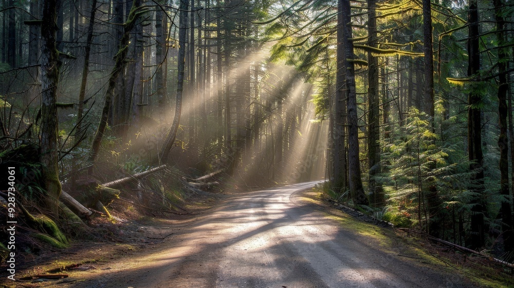 Poster create an image of a road through a dense forest with sunlight filtering through the trees, emphasiz