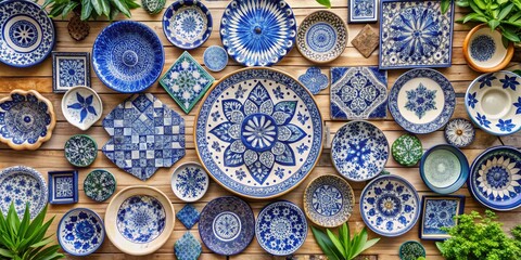 Blue and White Ceramic Tiles on Wooden Background, Ceramic, Tile, Pattern, Decoration