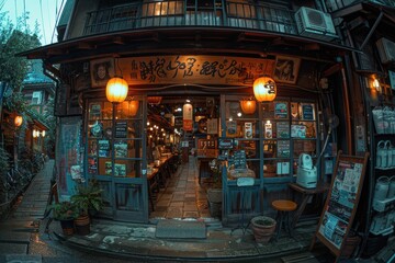 Naklejka premium A vibrant depiction of a traditional Japanese street-side restaurant adorned with lanterns, offering an inviting atmosphere during an overcast twilight