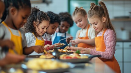 Fototapeta premium a group of multiethnic children cooking in aprons and chef hats in school