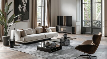 Create an image of a sleek and modern glass-top coffee table with a minimalist metal frame, perfect for a contemporary living room.