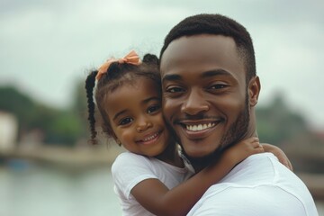 Obraz premium Portrait of young father carrying his daughter on his back, Generative AI