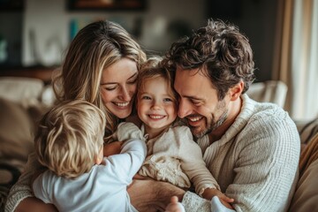 Obraz premium Young parents having fun with their children at home, Generative AI
