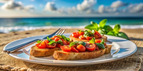 Fototapeta premium Bruschetta with Tomato and Basil on a Beach, Italian Food, Seaside Dining, Summer Cuisine, Beach Food