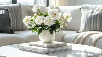 Create an image of a white coffee table with a stack of books and a vase of fresh flowers, emphasizing simplicity and elegance.