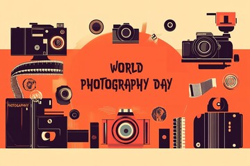 Obraz premium World Photography Day with World Map Background, photographer taking photo. World Photography Day social media banner and instagram banner post design