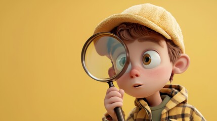 Curious Child Holding Magnifying Glass on Yellow Background
